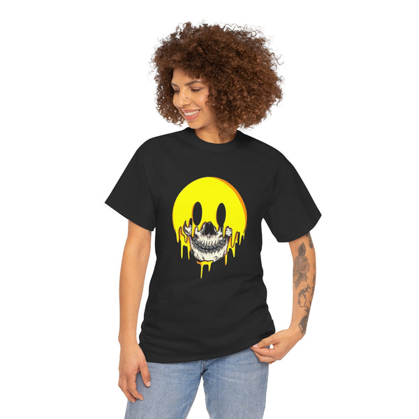 Dripping Smiley Face Tee, Unisex Cotton T-Shirt, Streetwear Fashion, Cool Graphic Tee, Perfect for Festivals, Gift for Art Lovers