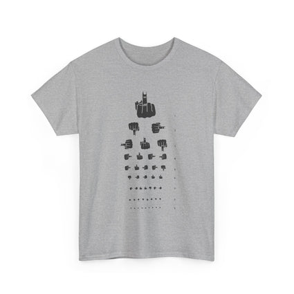 Funny Hand Gesture Eye Chart T-Shirt, Unisex Graphic Tee, Humorous Sight Test Shirt, Sarcastic Vision Exam Top, Hilarious Optometrist Gift