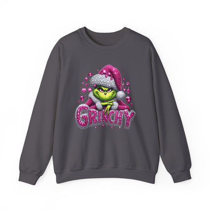 Pink Rhinestone Grinchy Sweatshirt, Holiday Crewneck Jumper, Christmas Sweater,