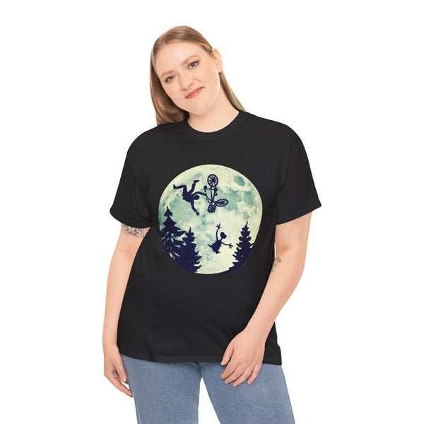 Moonlight Ride Unisex Heavy Cotton Tee, Elliot and E T Funny Mishap Shirt, Retro Movie Lover Gift, Sci-Fi Fan Apparel, Vintage Graphic Tee