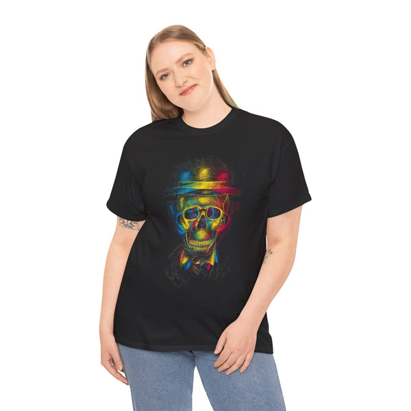 Colorful Skull Graphic Tee, Unisex Heavy Cotton T-Shirt, Edgy Casual Wear, Perfect for Halloween, Music Festivals, Gift for Him/Her