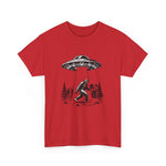 Alien and Big Foot Unisex T-shirt, Sci-Fi Graphic Tee, UFO Lover Shirt, Mythical Creature Top, Extraterrestrial Apparel