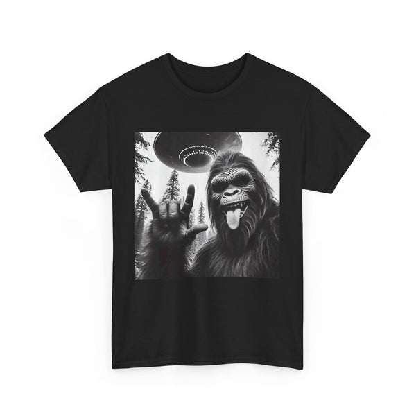 Sasquatch Selfie Shirt, Unisex Graphic Tee, Sasquatch Bigfoot Rock On UFO Alien Tee, Funny Cryptid Shirt, Bigfoot Lover Gift