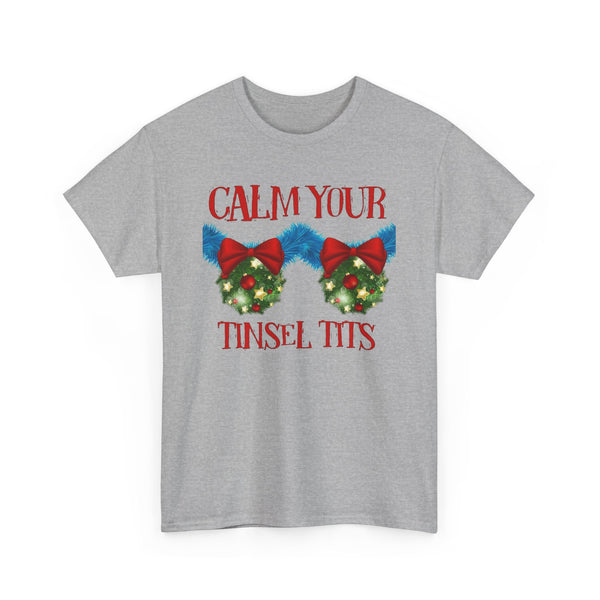 Calm Your Tinsel Tits Tee | Christmas wreath bra graphic tee