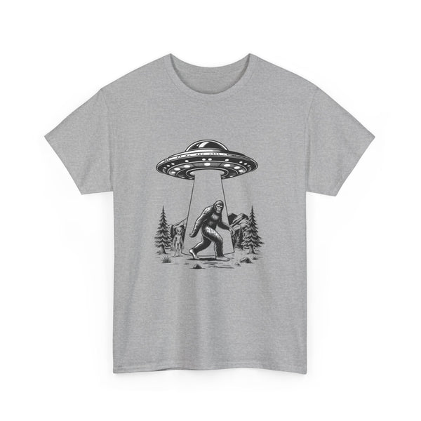 Alien and Big Foot Unisex T-shirt, Sci-Fi Graphic Tee, UFO Lover Shirt, Mythical Creature Top, Extraterrestrial Apparel