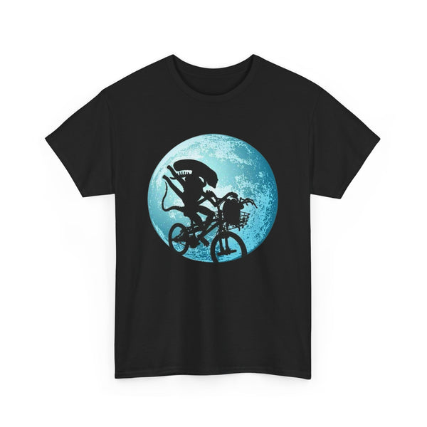 Moonlight Alien Bike Ride Tee, Space Adventure Graphic Shirt, Extraterrestrial Cyclist Top, Unisex Alien Tee, Galaxy Cycling T-Shirt,