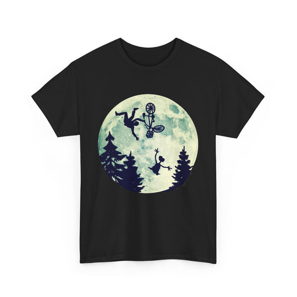 Moonlight Ride Unisex Heavy Cotton Tee, Elliot and E T Funny Mishap Shirt, Retro Movie Lover Gift, Sci-Fi Fan Apparel, Vintage Graphic Tee