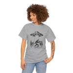 Alien and Big Foot Unisex T-shirt, Sci-Fi Graphic Tee, UFO Lover Shirt, Mythical Creature Top, Extraterrestrial Apparel