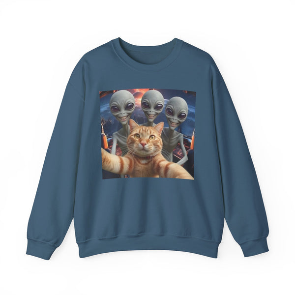 Cat Selfie Space Ship Crewneck Sweatshirt, Funny Cat Lover Gift, Galaxy Cat Graphic Jumper, Cat in Space Shirt, Cat Owner Apparel, Grey Cat