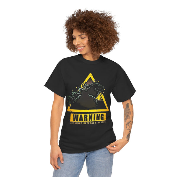 Warning Godzilla T-Shirt, Funny Gift for Fans, Unisex Heavy Cotton Tee, Nature Disaster Tee, Sci-Fi Themed Apparel, Casual Wear